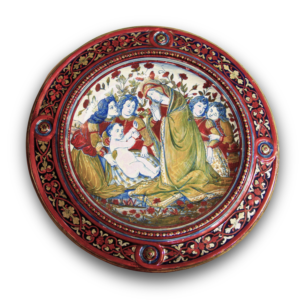 Piatto ornamentale in maiolica a lustro raffigurante la "Madonna delle Rose" autore Alfredo Santarelli Ø 40 cm