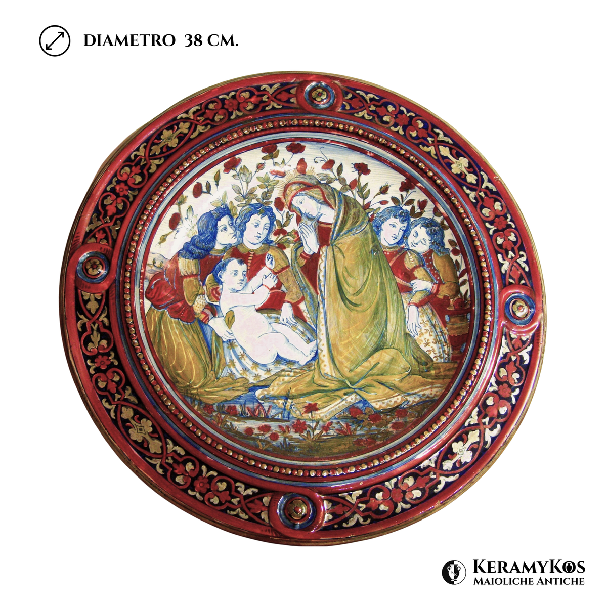 Piatto ornamentale in maiolica a lustro raffigurante la "Madonna delle Rose" autore Alfredo Santarelli Ø 40 cm
