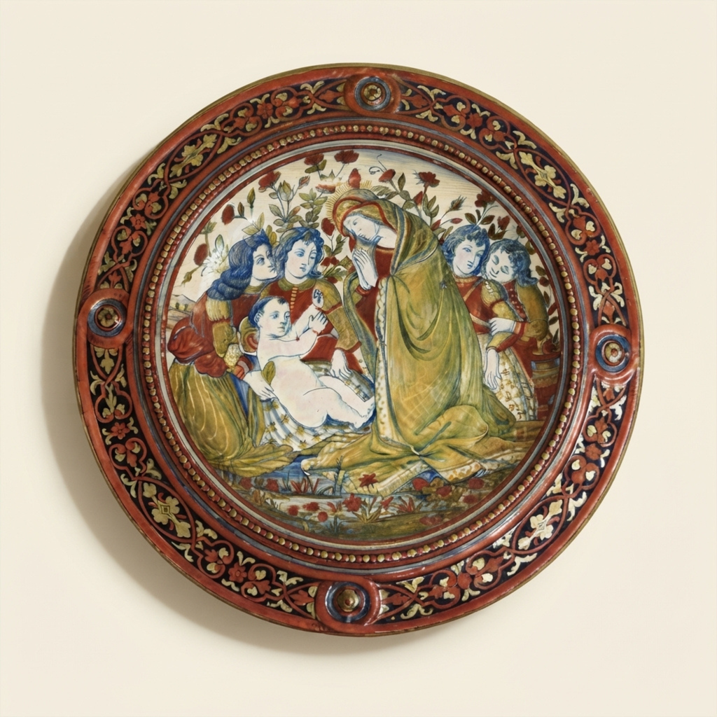 Piatto ornamentale in maiolica a lustro raffigurante la "Madonna delle Rose" autore Alfredo Santarelli Ø 40 cm