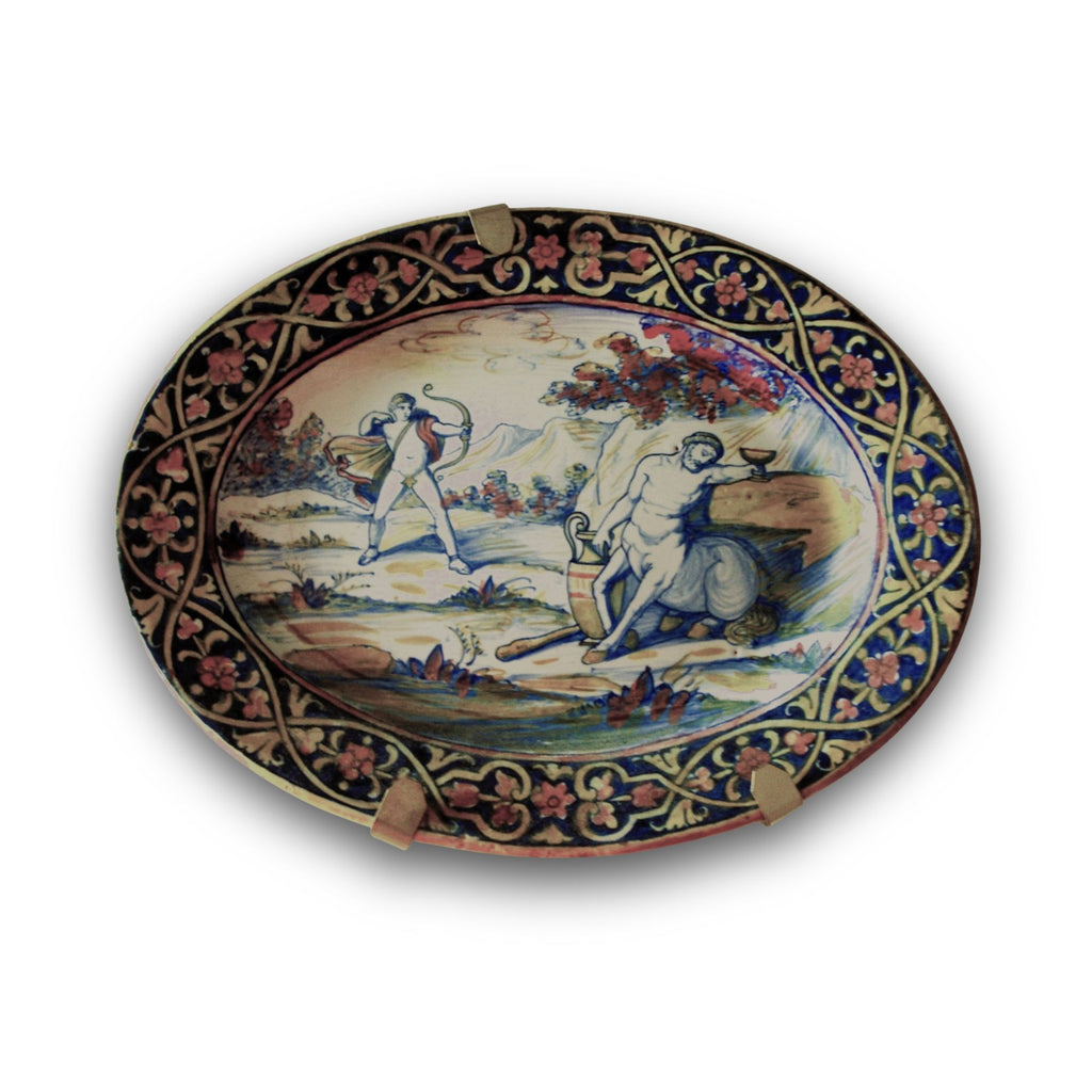 Piatto Ovale a lustro con scena mitologica autore Alfredo Santarelli 29x17 cm 