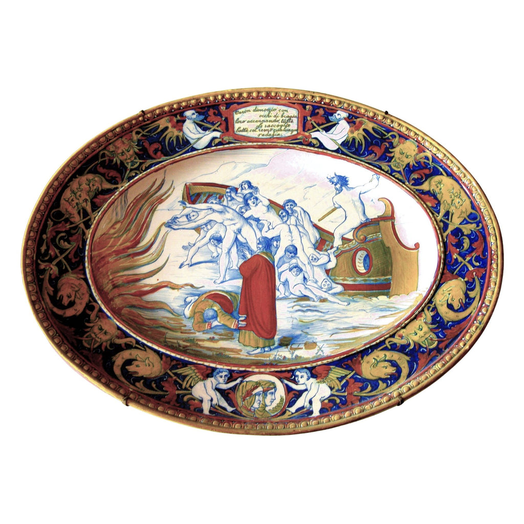 Piatto Ovale in maiolica a lustro con episodio della Divina Commedia autore Alfredo Santarelli 59x40 cm