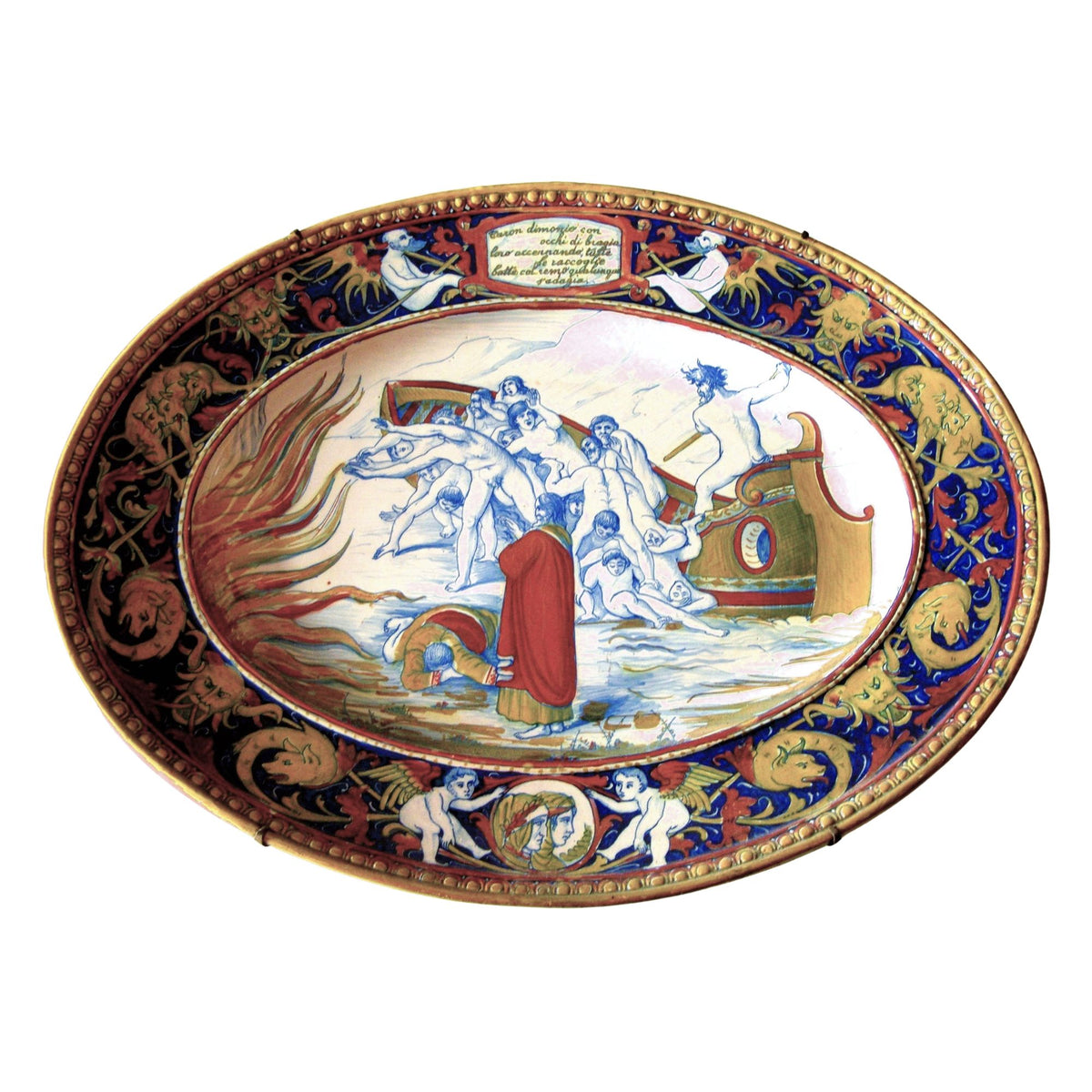 Piatto Ovale in maiolica a lustro con episodio della Divina Commedia autore Alfredo Santarelli 59x40 cm