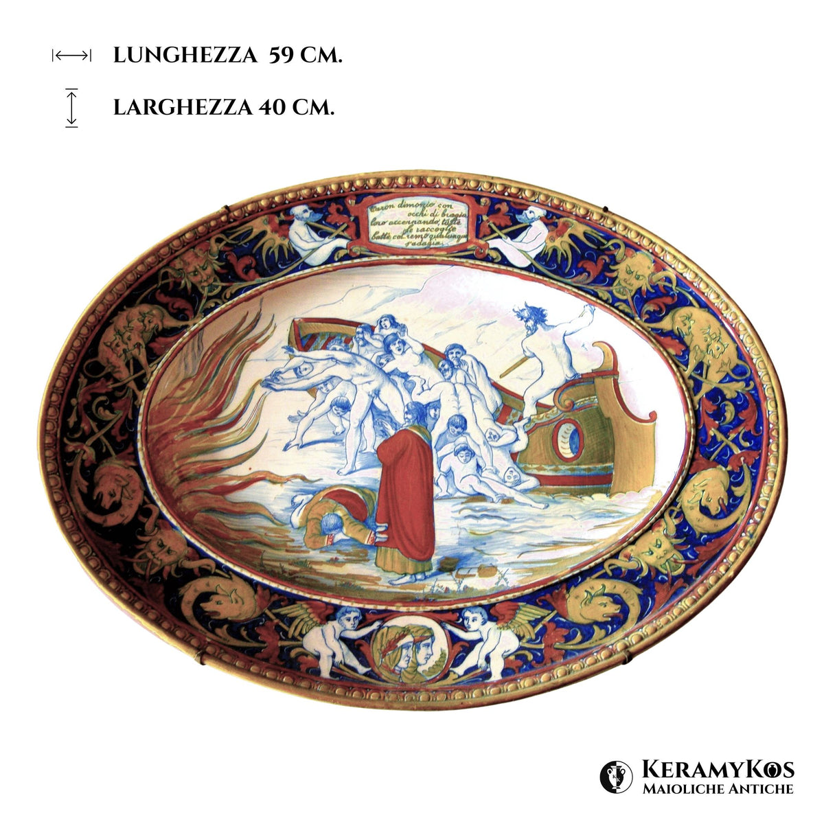 Piatto Ovale in maiolica a lustro con episodio della Divina Commedia autore Alfredo Santarelli 59x40 cm 