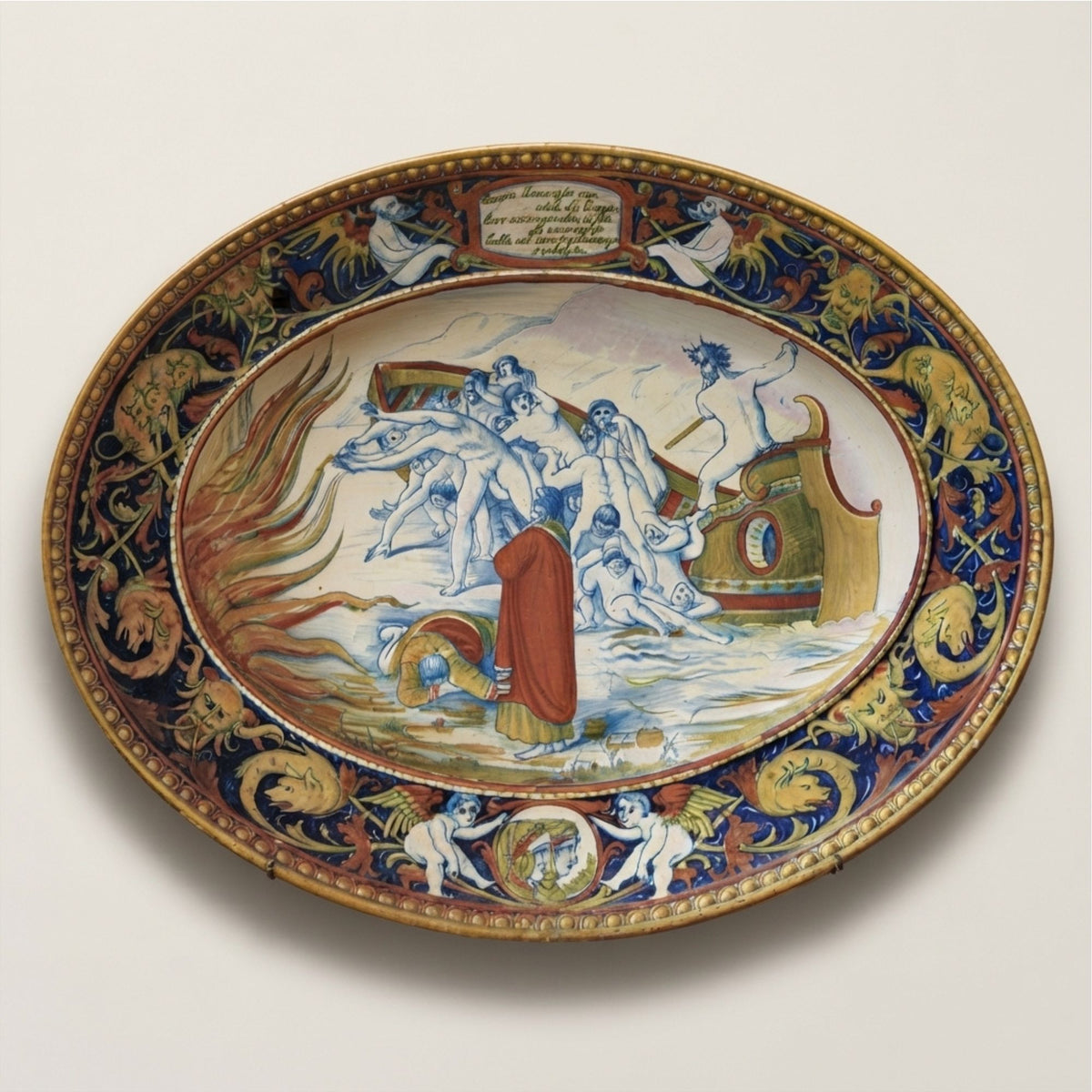 Piatto Ovale in maiolica a lustro con episodio della Divina Commedia autore Alfredo Santarelli 59x40 cm 