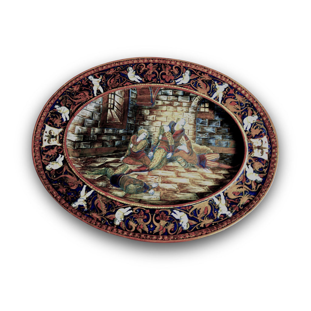 Piatto Ovale in maiolica a lustro con episodio della Divina Commedia autore Alfredo Santarelli 59x40 cm