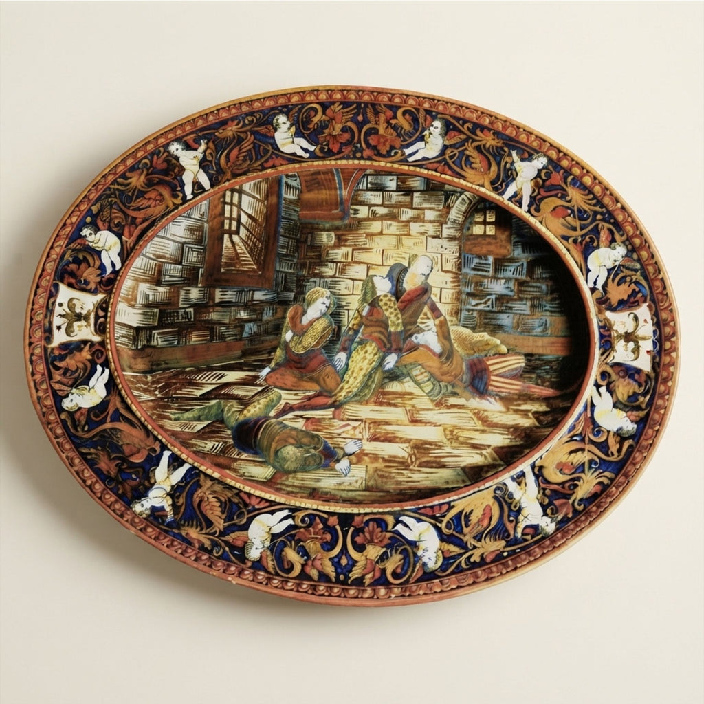 Piatto Ovale in maiolica a lustro con episodio della Divina Commedia autore Alfredo Santarelli 59x40 cm