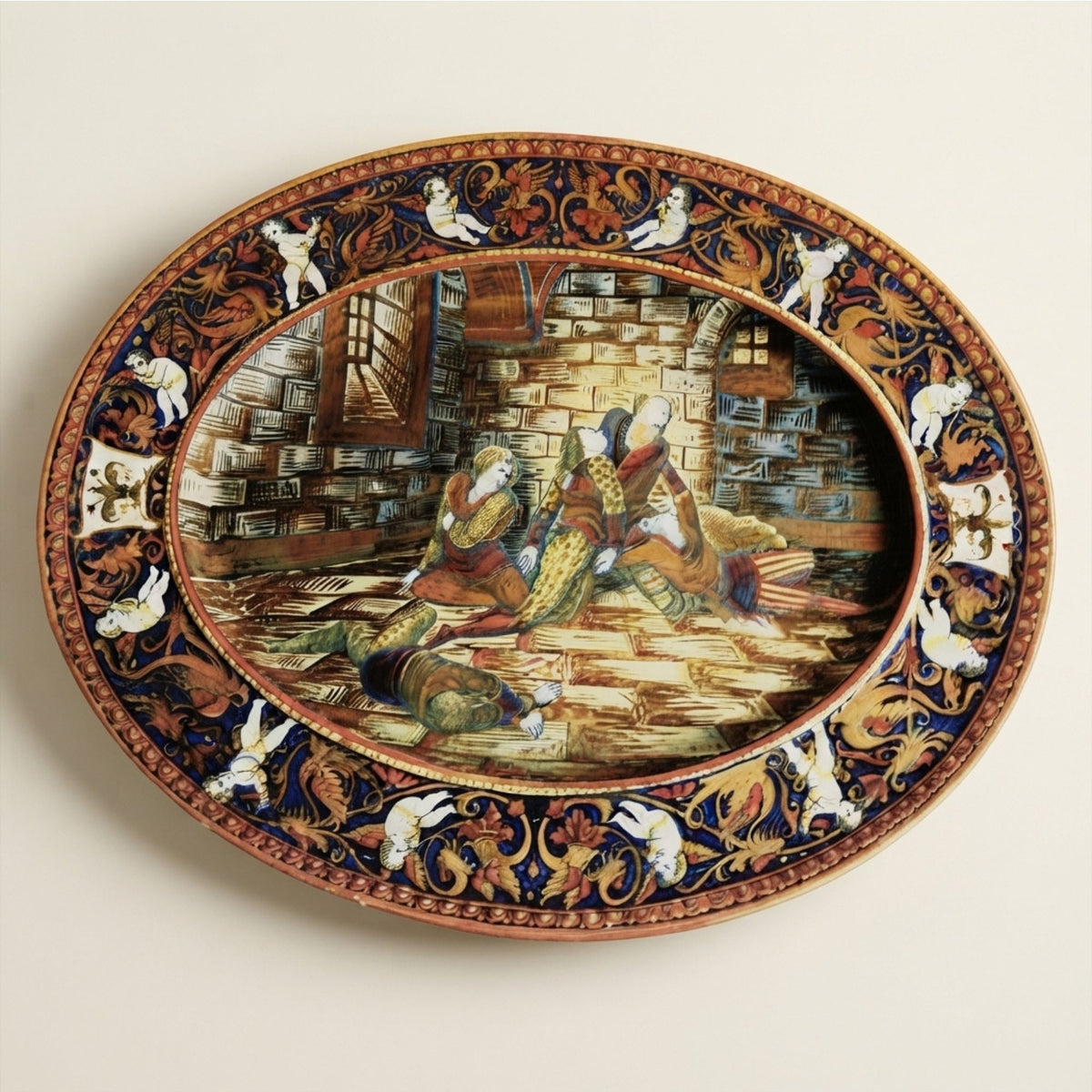 Piatto Ovale in maiolica a lustro con episodio della Divina Commedia autore Alfredo Santarelli 59x40 cm