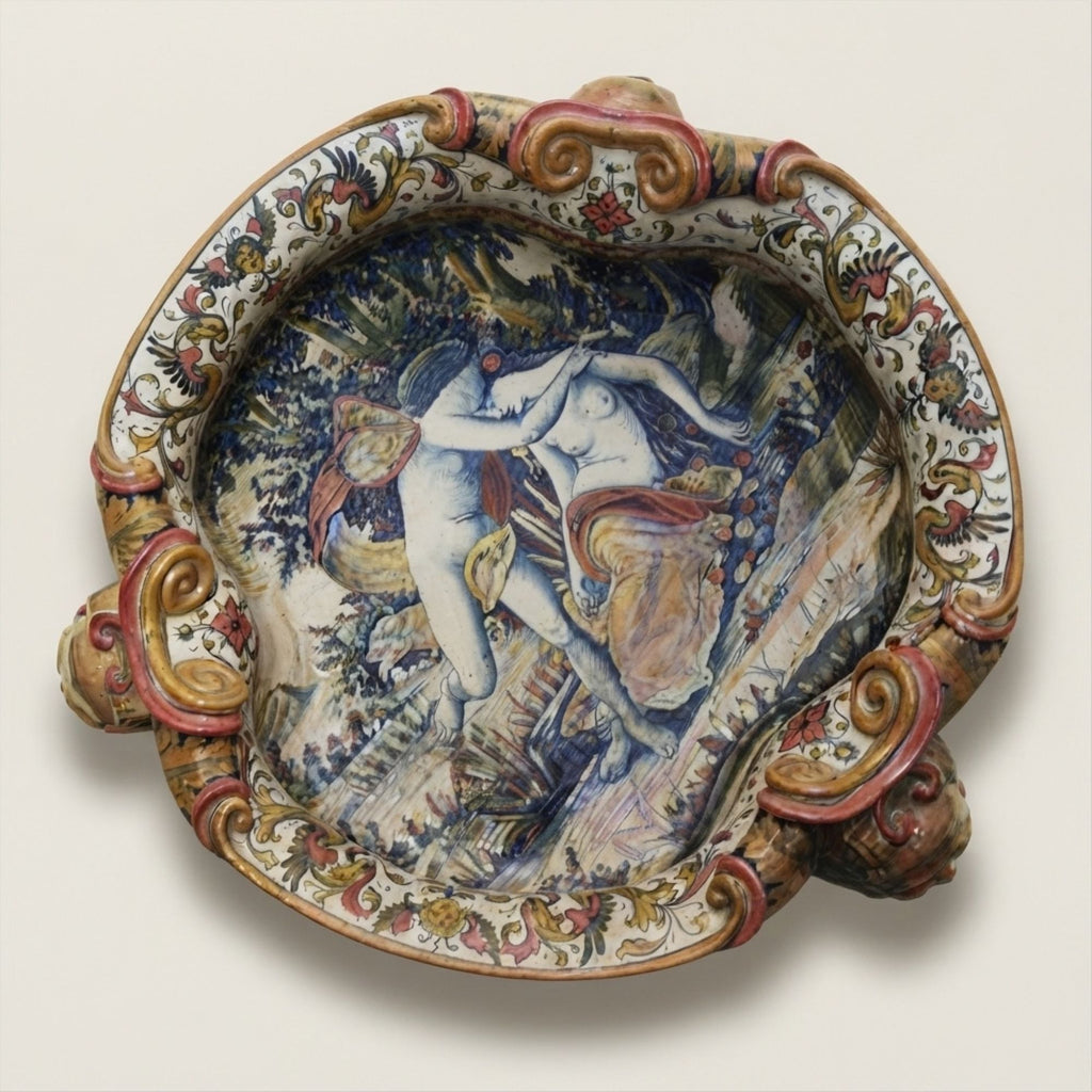 Grande coppa "Pesaro" con Amore e Psiche Vaso in maiolica a lustro autore Alfredo Santarelli 47x20 cm (Copia)