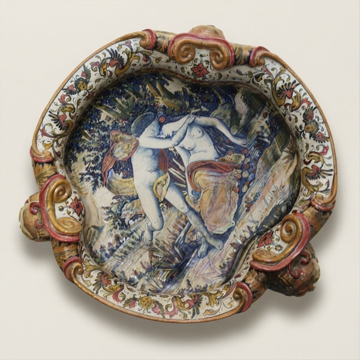 Grande coppa "Pesaro" con Amore e Psiche Vaso in maiolica a lustro autore Alfredo Santarelli 47x20 cm (Copia)