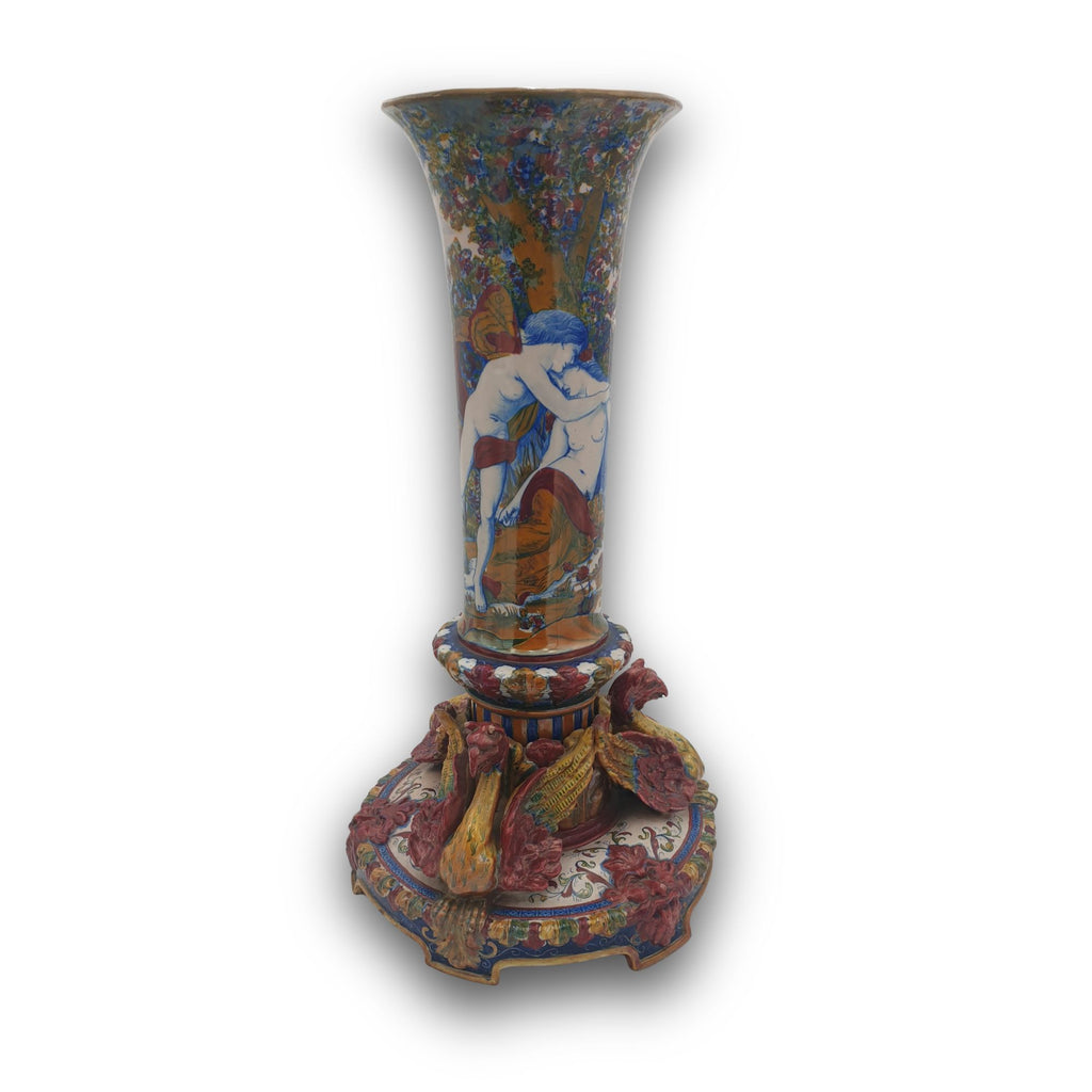 Monumentale vaso a lustro con Amore e Psiche autore Alfredo Santarelli 36x68 cm 