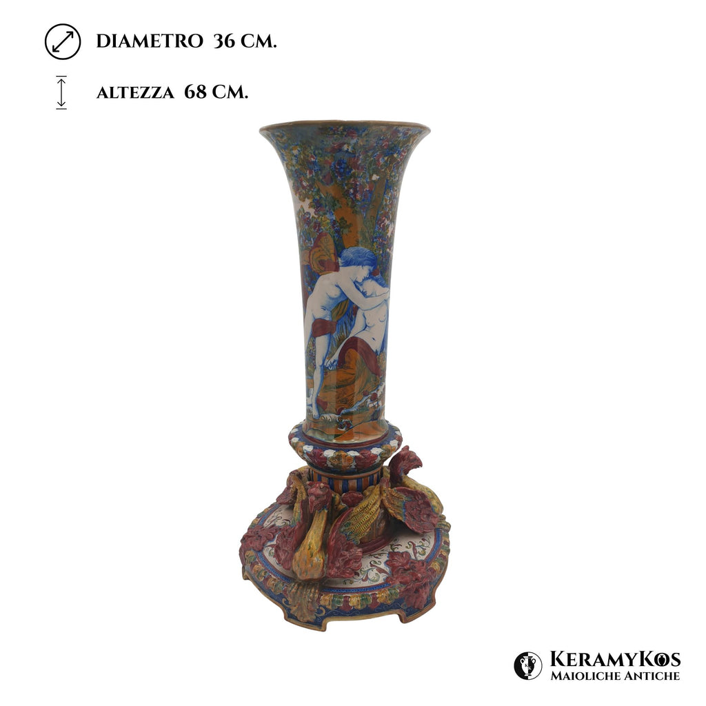 Monumentale vaso a lustro con Amore e Psiche autore Alfredo Santarelli 36x68 cm 
