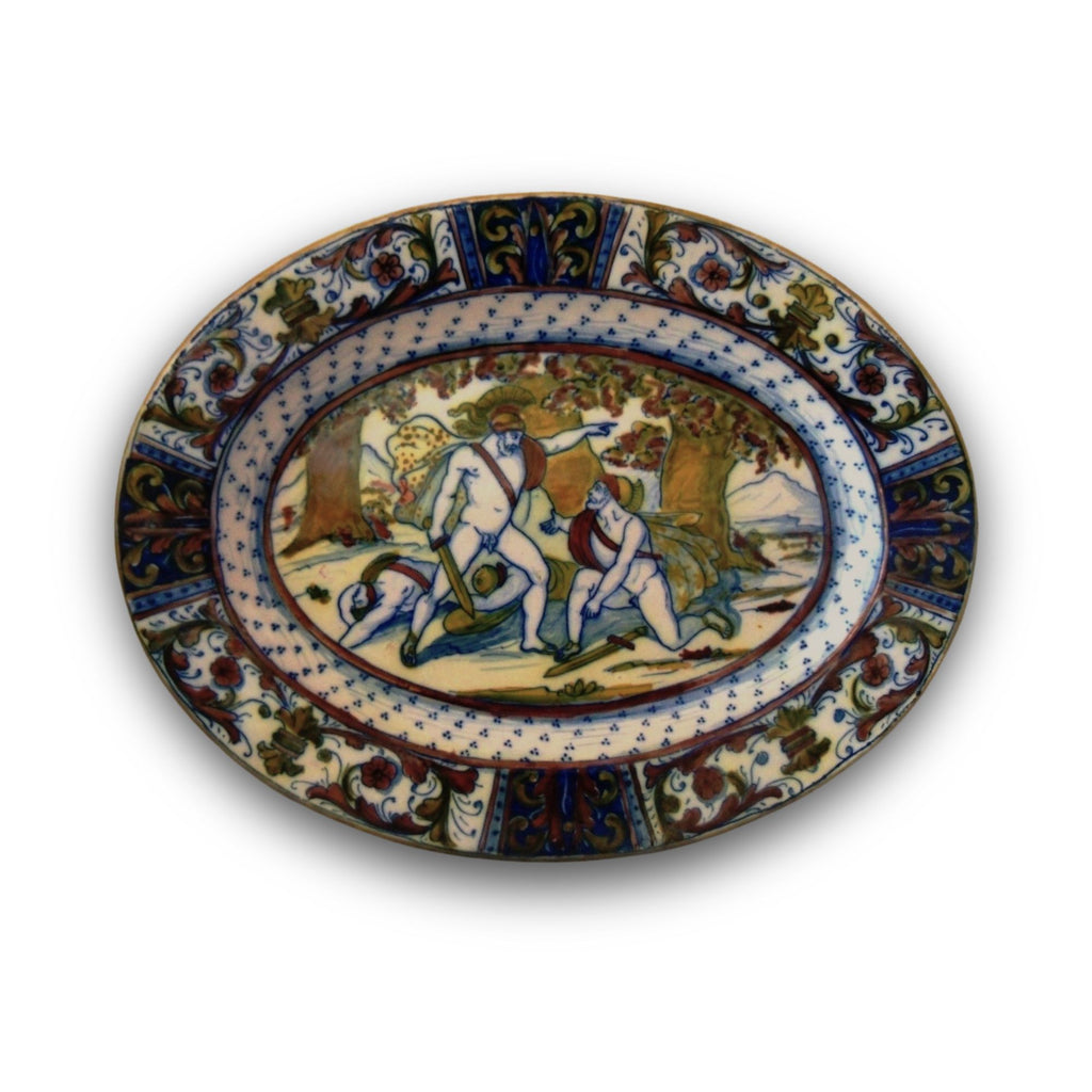 Piatto Ovale a lustro con scena greca autore Alfredo Santarelli 29x17 cm