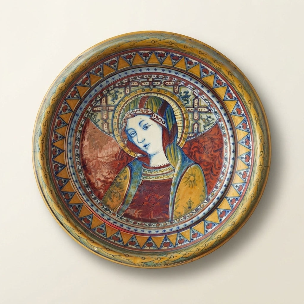 Tondino a lustro con Madonna a mezzo busto con aureola autore Alfredo Santarelli Ø 21 cm 