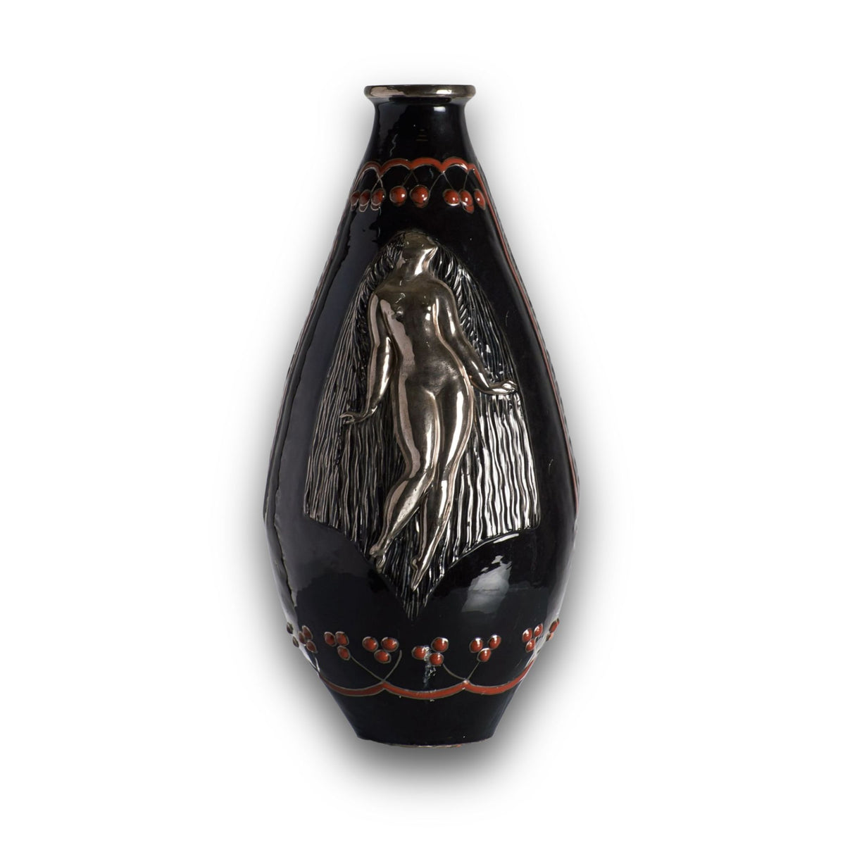 Vaso a lustro decò nero con Cacciatore e Siringa in argento autore Alfredo Santarelli 55x30 cm 
