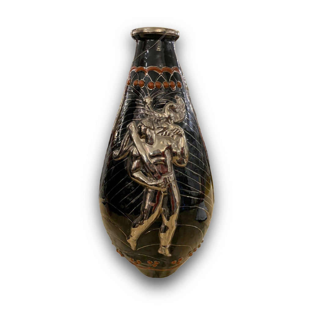 Vaso a lustro decò nero con Cacciatore e Siringa in argento autore Alfredo Santarelli 55x30 cm 