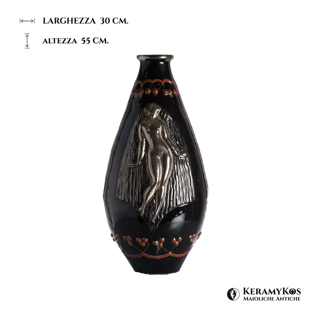 Vaso a lustro decò nero con Cacciatore e Siringa in argento autore Alfredo Santarelli 55x30 cm 