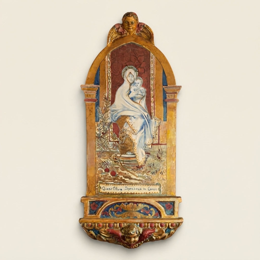 Piastrella a lustro con la raffigurazione della Madonna dell'ulivo autore Alfredo Santarelli 38x17,5 cm