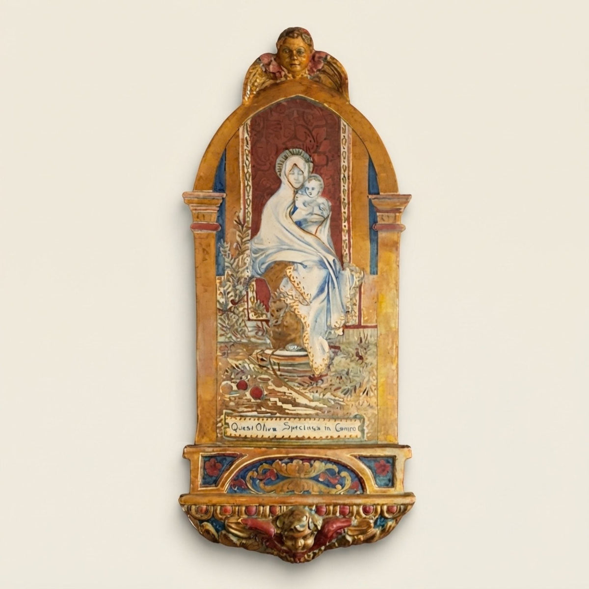 Piastrella a lustro con la raffigurazione della Madonna dell'ulivo autore Alfredo Santarelli 38x17,5 cm