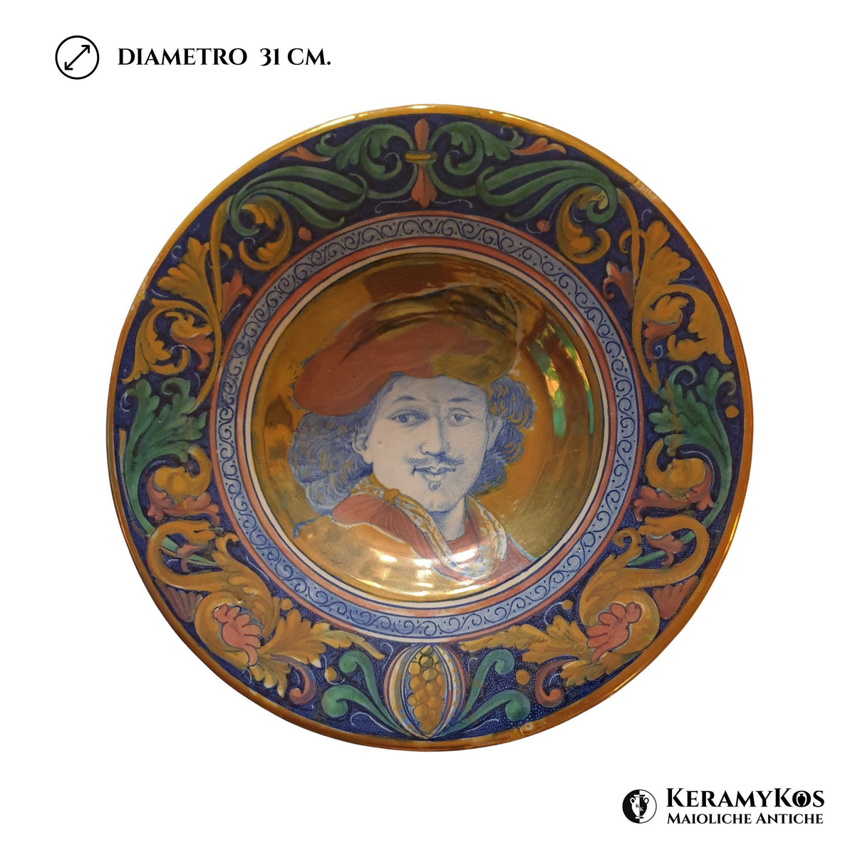 Piatto a lustro con ritratto di Rembrandt autore Alfredo Santarelli Ø 31 cm