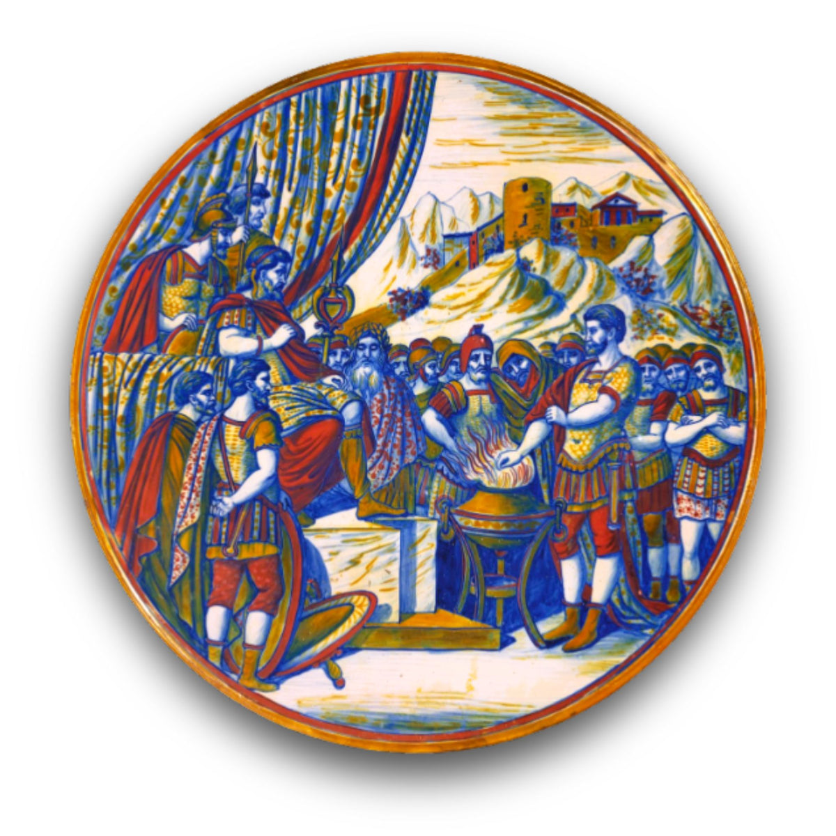 Piatto a lustro istoriato con soggetto Muzio Scevola autore Alfredo Santarelli Ø 45 cm