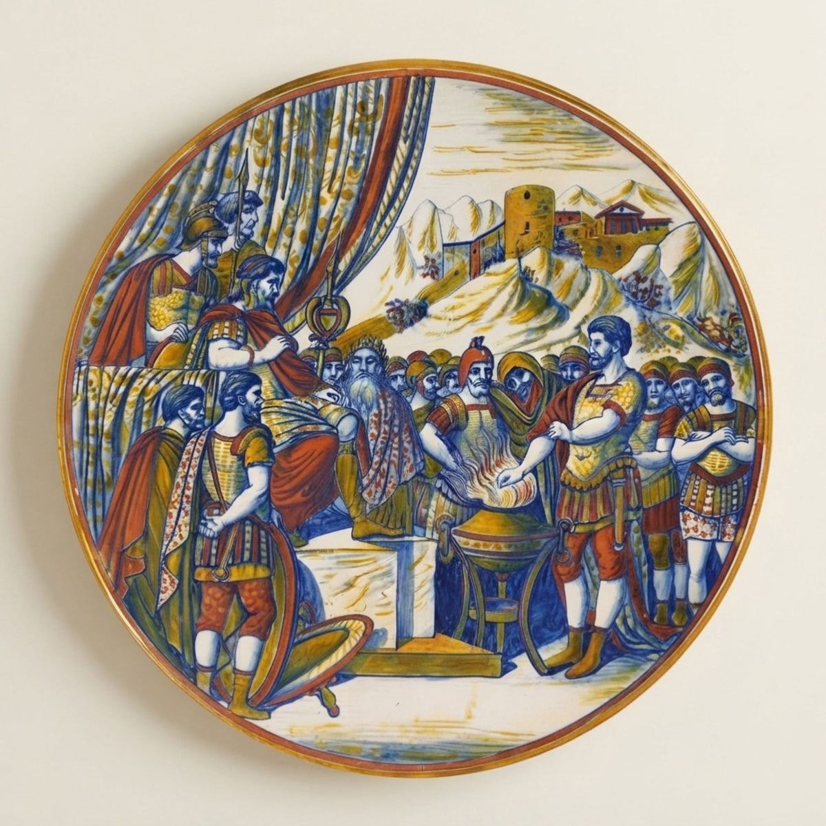 Piatto a lustro istoriato con soggetto Muzio Scevola autore Alfredo Santarelli Ø 45 cm