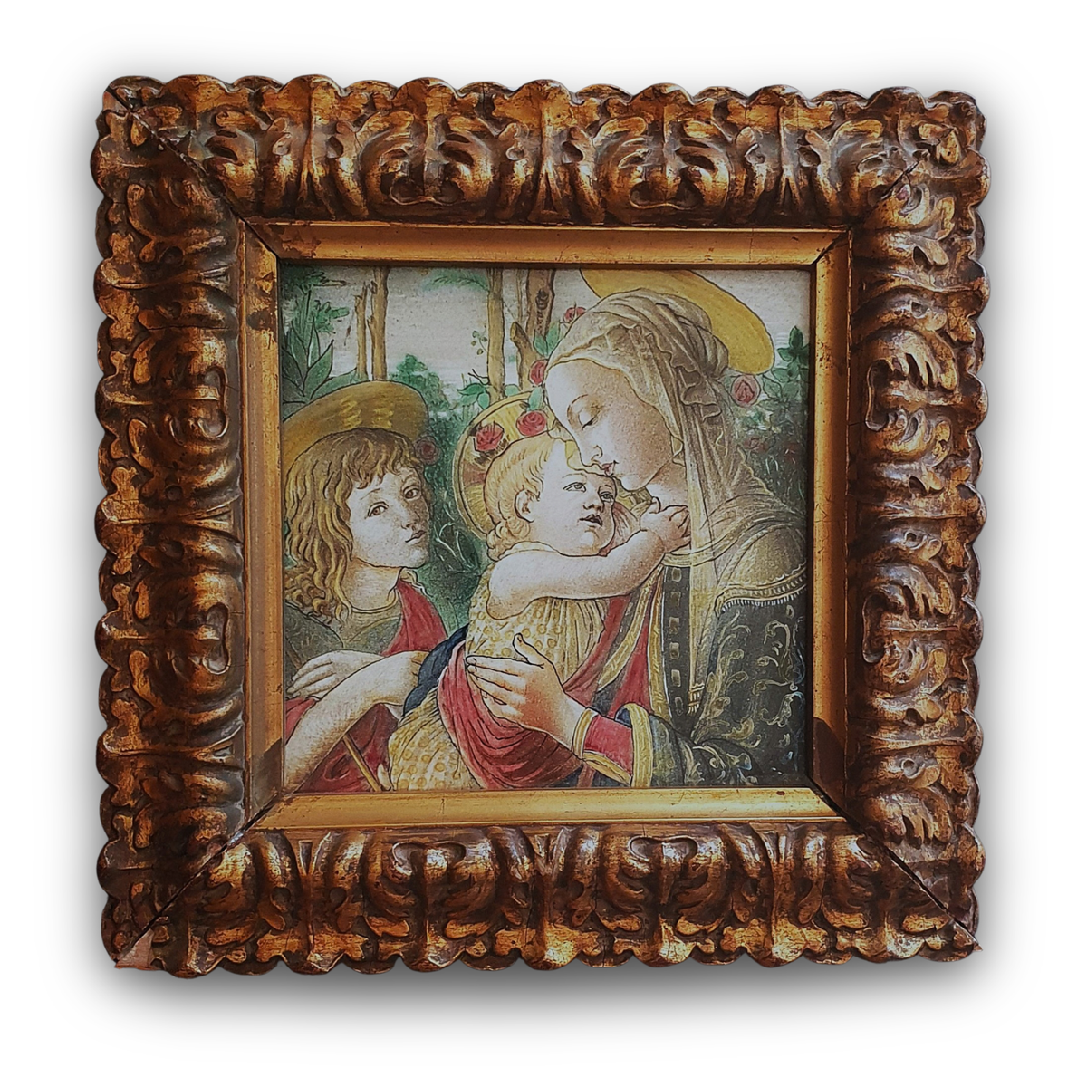 Piastrella a lustro con Madonna con bambino e San Giovannino autore Alfredo Santarelli 20x20 cm