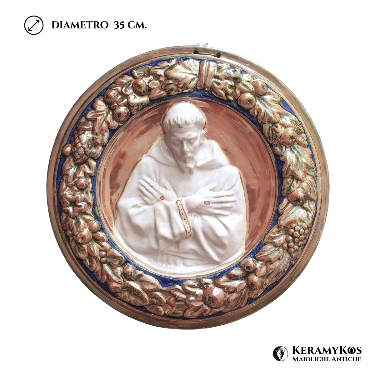 Tondino a rilievo con San Francesco in meditazione autore Alfredo Santarelli Ø 35 cm