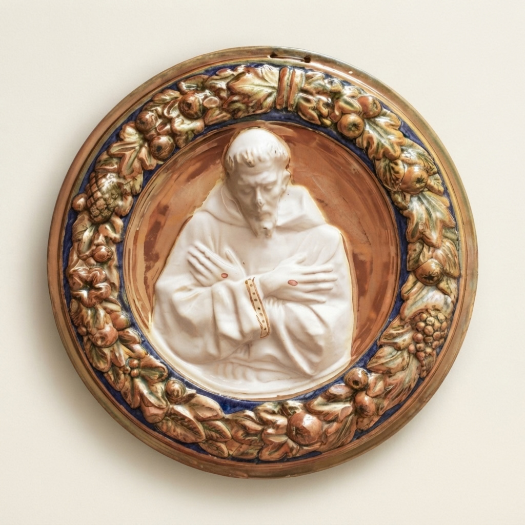 Tondino a rilievo con San Francesco in meditazione autore Alfredo Santarelli Ø 35 cm