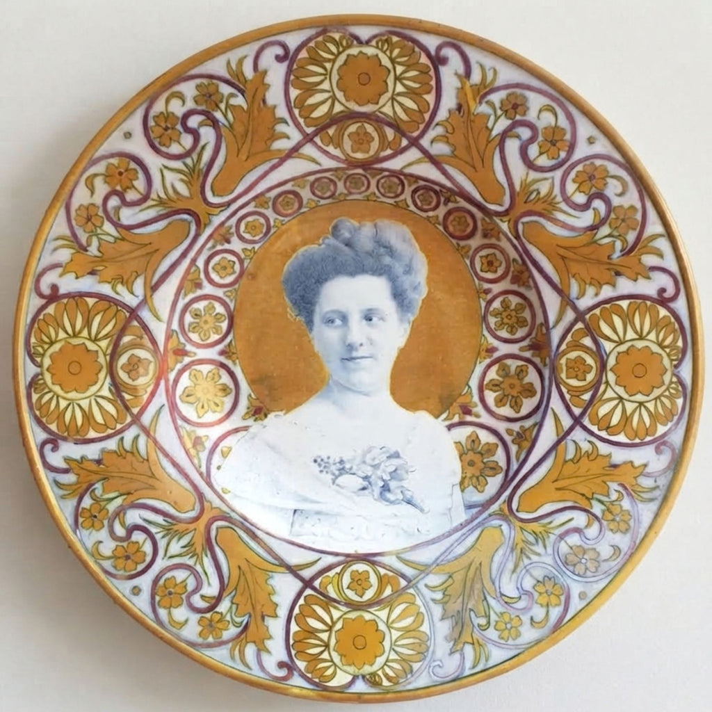 Piatto a lustro con ritratto di personaggio femminile autore Alfredo Santarelli Ø 37,5 cm 