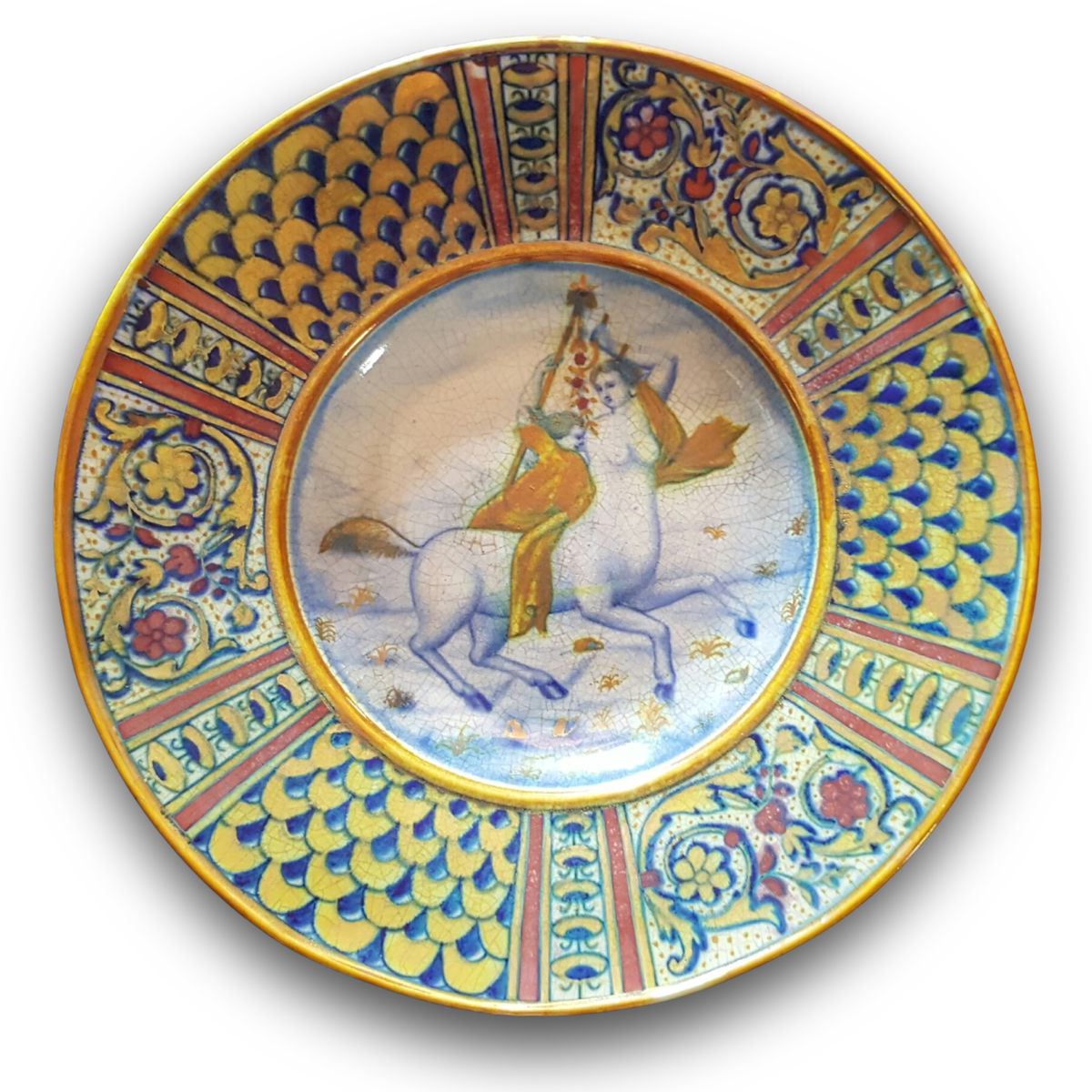 Piatto a lustro con cavaliere e centauro – Ippocampo Soggetto mitologico autore Cesare Milanii Ø 37