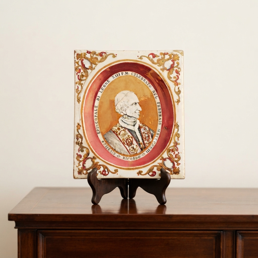 Piastrella a lustro con ritratto di Papa Leone XIII autore Cesare Miliani Placca commemorativa da 18 cm