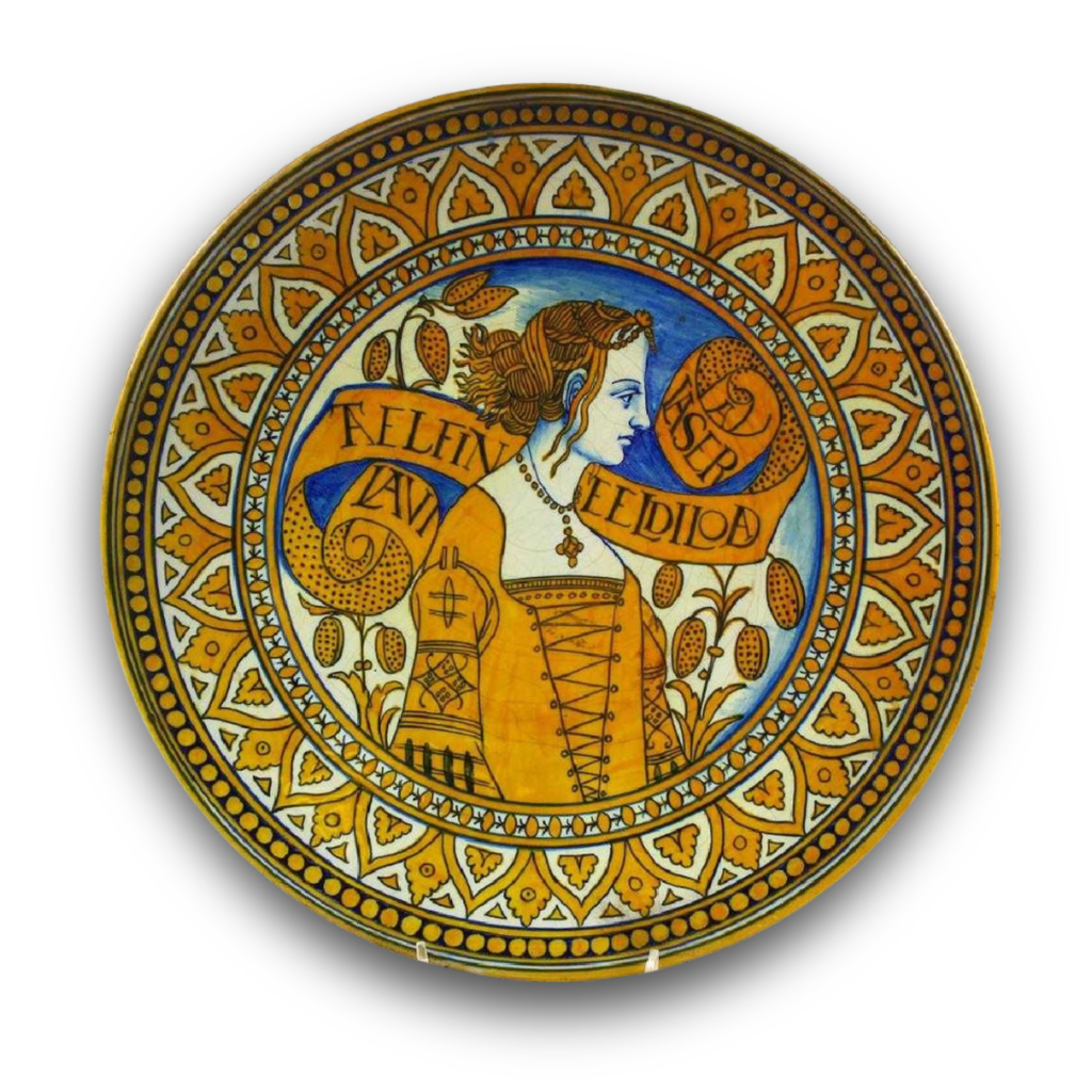 Piatto a lustro con figura femminile e cartiglio autore Cesare Milani Ø 35 cm