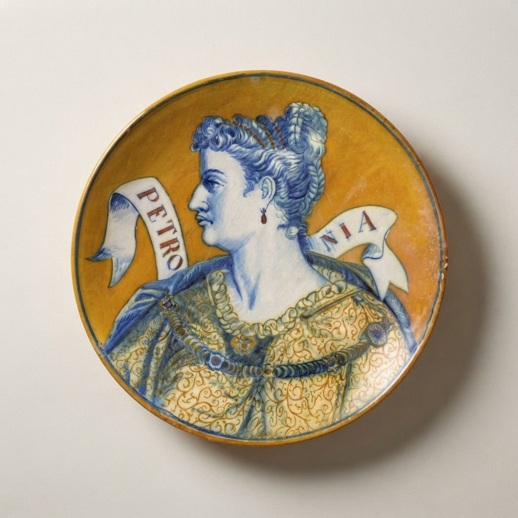 Piatto a lustro con ritratto di Petronia, moglie dell'imperatore Vitellio autore Cesare Milani Ø 33 cm
