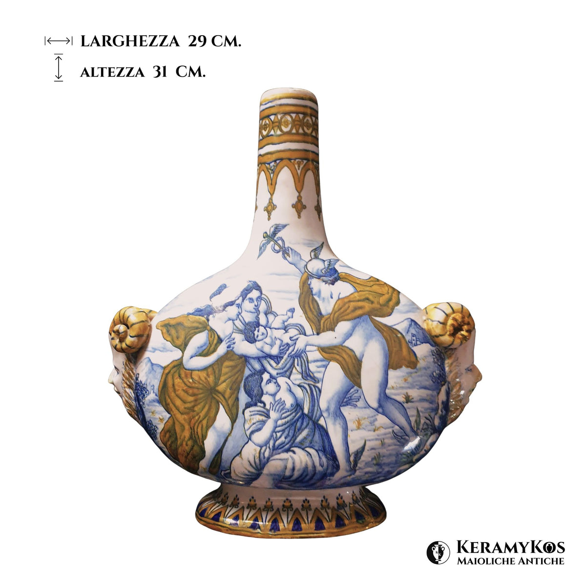 Vaso a lustro con scene mitologiche e protomi caprine autore Cesare Milani da 31 cm