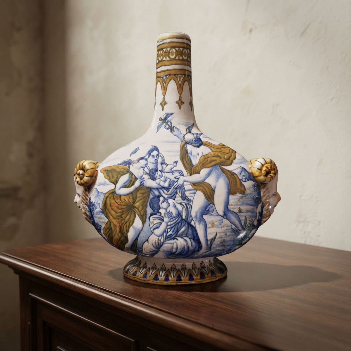 Vaso a lustro con scene mitologiche e protomi caprine autore Cesare Milani da 31 cm
