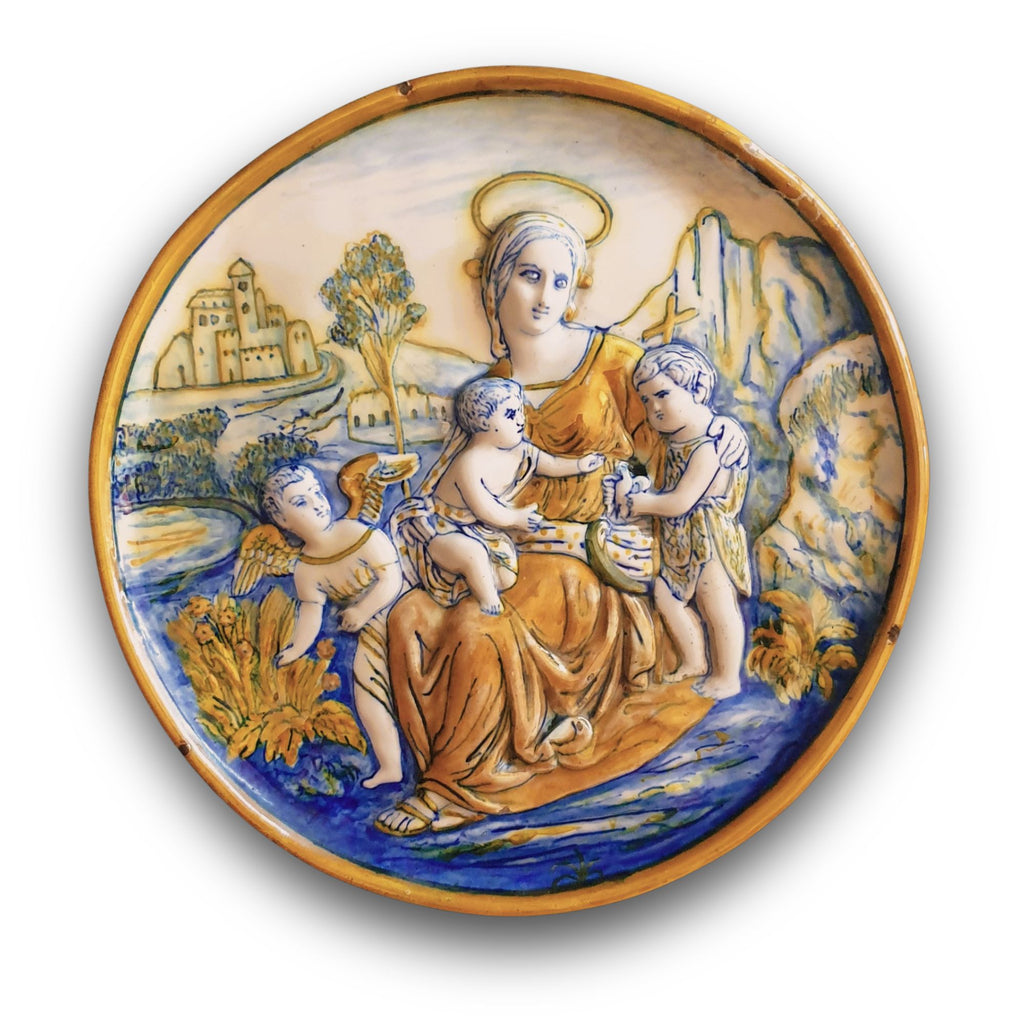 Tondino a lustro con soggetto sacro Madonna e bambino Gesù autore Cesare Milani 