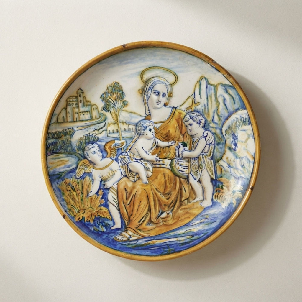 Tondino a lustro con soggetto sacro Madonna e bambino Gesù autore Cesare Milani 