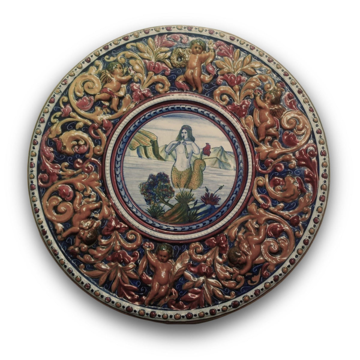 Piatto da parata in maiolica a lustro con soggetto mitologico sirena della Società Ceramica Mastro Giorgio Ø 40 cm