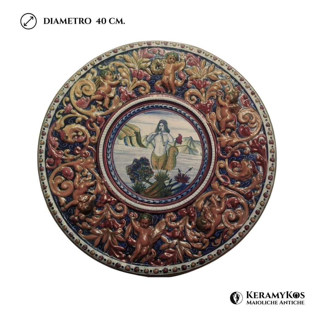 Piatto da parata in maiolica a lustro con soggetto mitologico sirena della Società Ceramica Mastro Giorgio Ø 40 cm