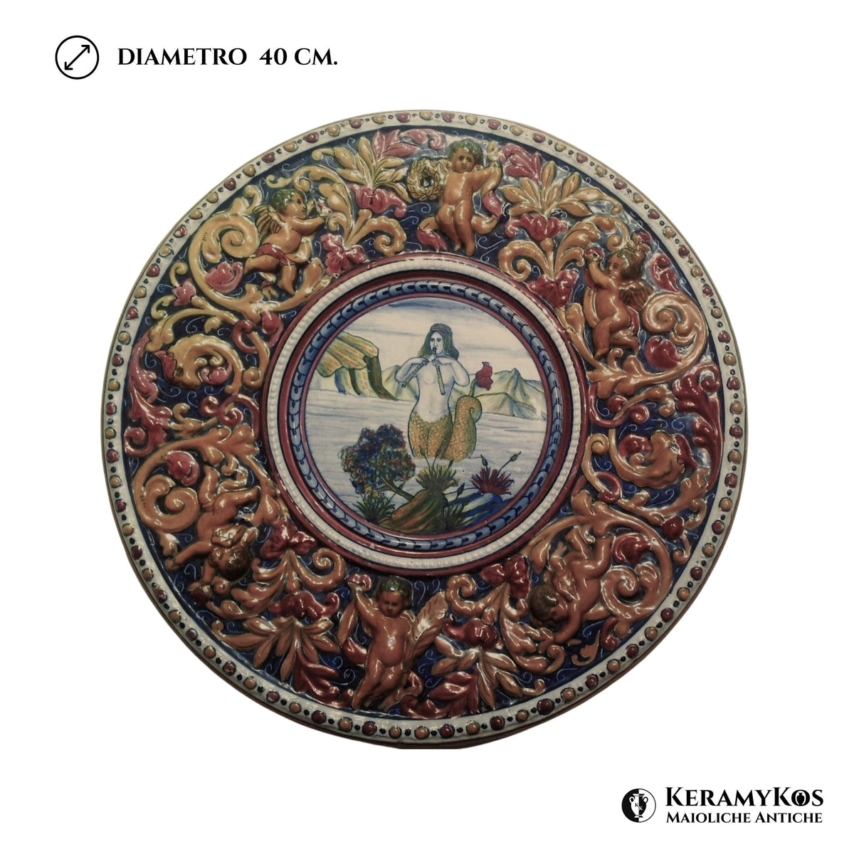 Piatto da parata in maiolica a lustro con soggetto mitologico sirena della Società Ceramica Mastro Giorgio Ø 40 cm