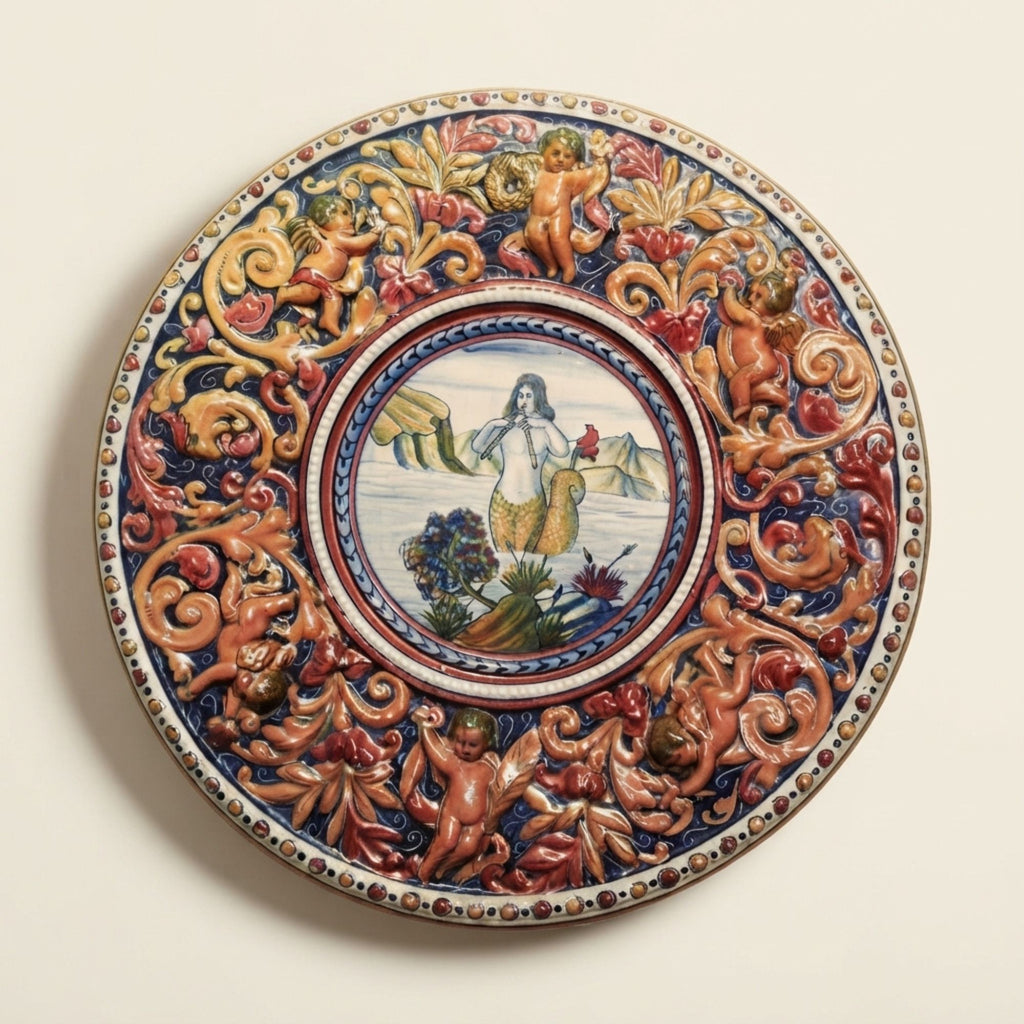 Piatto da parata in maiolica a lustro con soggetto mitologico sirena della Società Ceramica Mastro Giorgio Ø 40 cm
