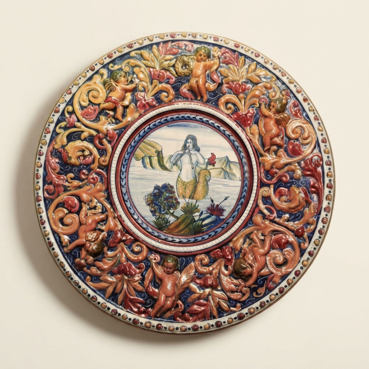Piatto da parata in maiolica a lustro con soggetto mitologico sirena della Società Ceramica Mastro Giorgio Ø 40 cm