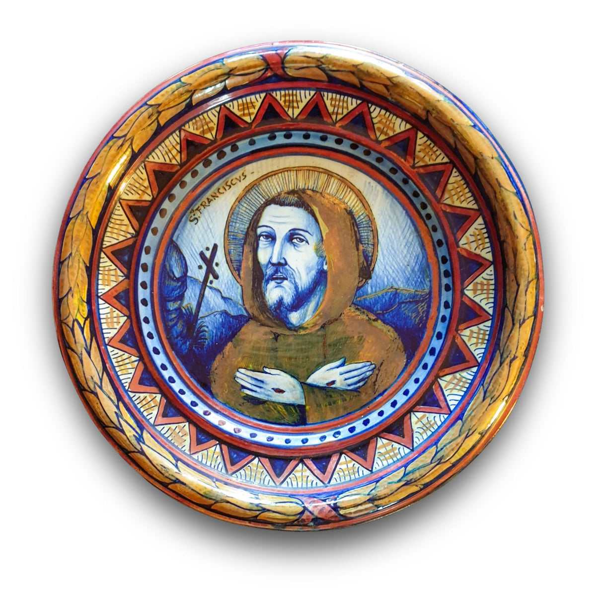 Tondino in maiolica a lustro con San Francesco di Assisi della Società Ceramica Mastro Giorgio Ø 20,5 cm