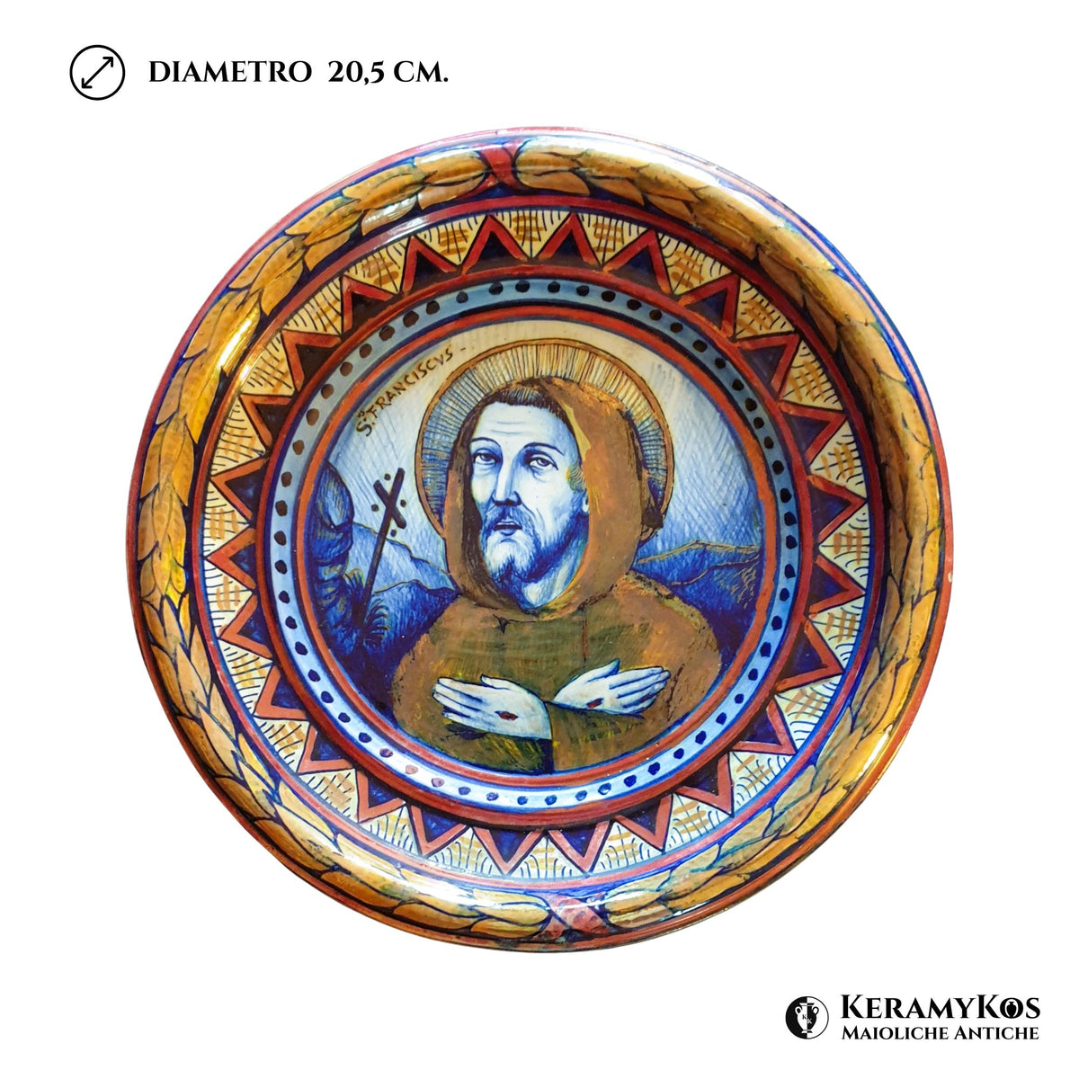 Tondino in maiolica a lustro con San Francesco di Assisi della Società Ceramica Mastro Giorgio Ø 20,5 cm