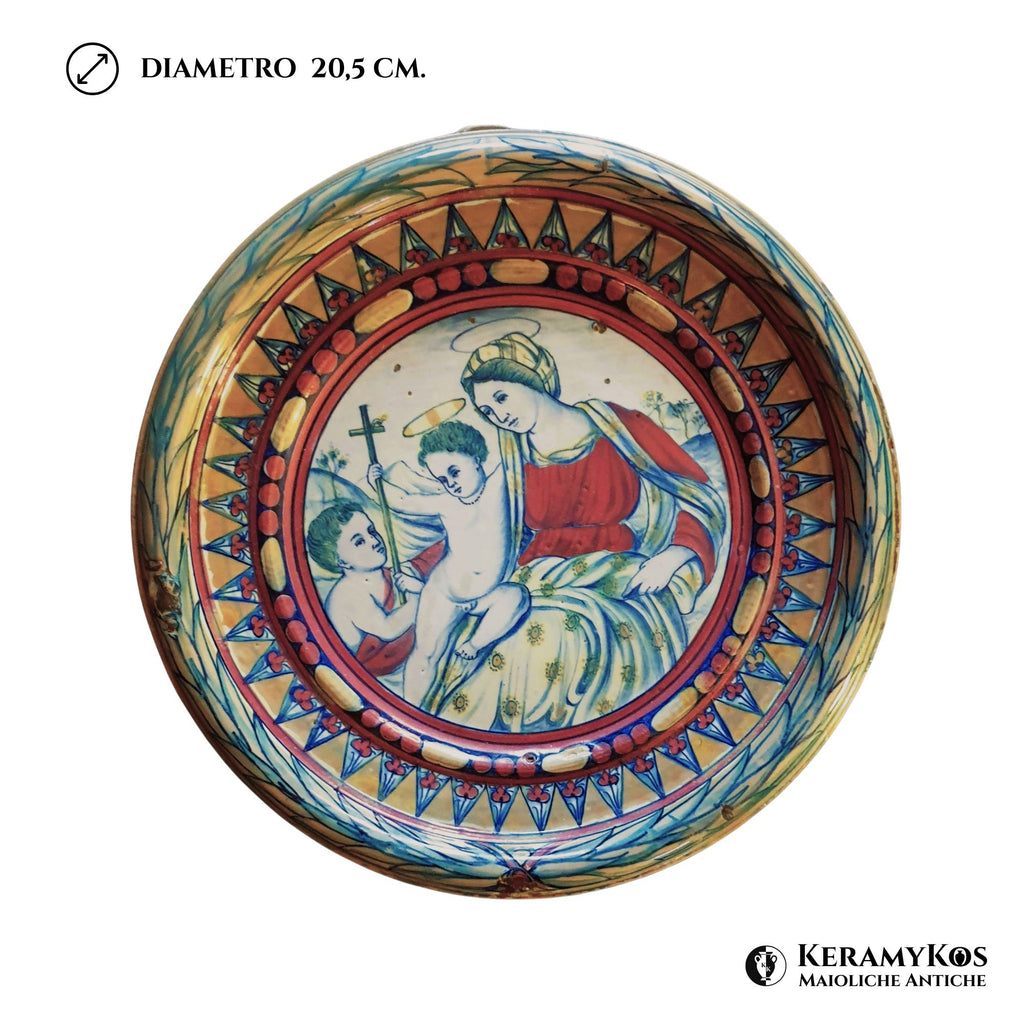 Tondo da parata in maiolica a lustro con Madonna con Bambino della Società Ceramica Mastro Giorgio Ø 20,5 cm