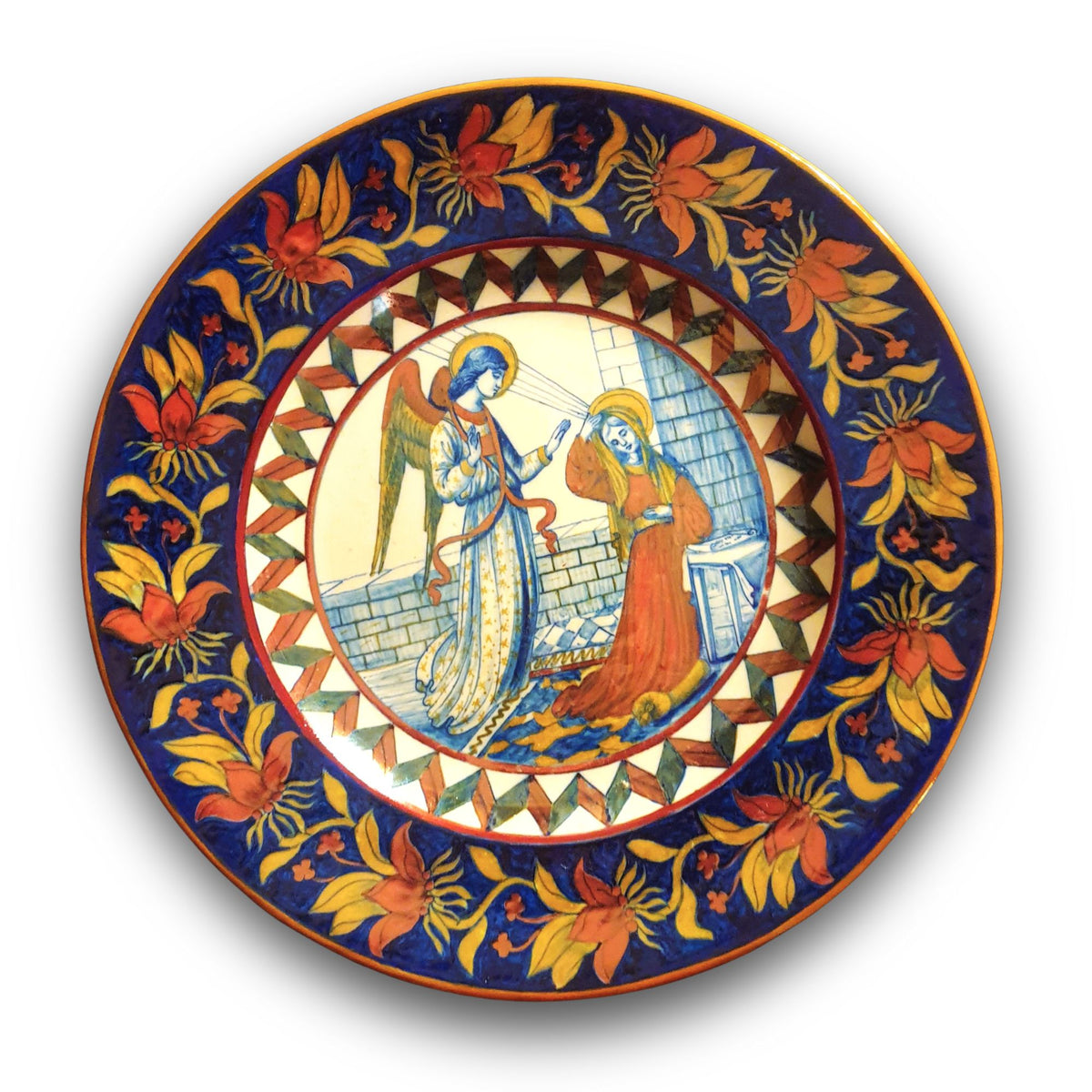 Piatto da parata in maiolica a lustro con Annunciazione alla Vergine della Società Ceramica Mastro Giorgio Ø 33 cm 