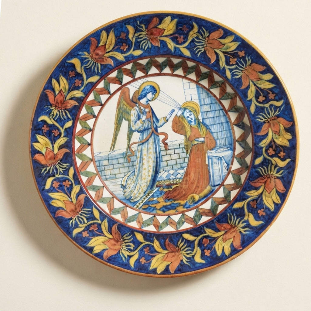 Piatto da parata in maiolica a lustro con Annunciazione alla Vergine della Società Ceramica Mastro Giorgio Ø 33 cm 