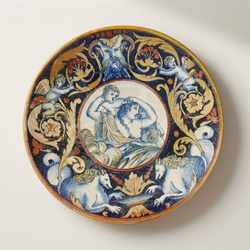 Piatto con vergine ed amorini , tesa con animali mitologici motivi fitomorfi e girali