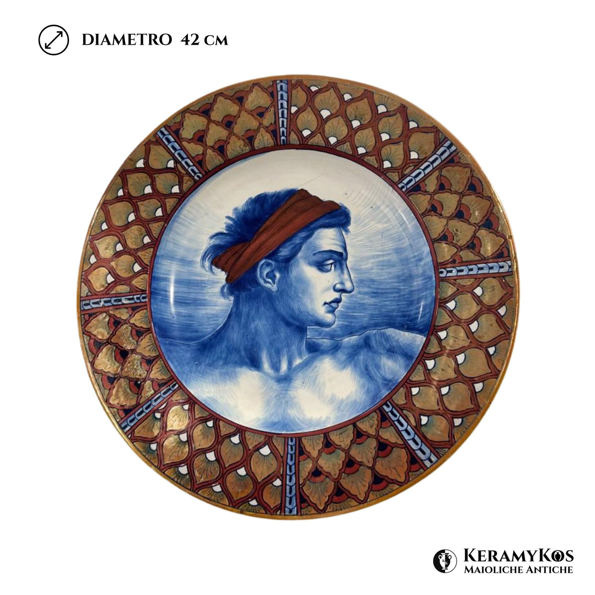 Grande piatto da parata in maiolica a lustro dalla manifattura Ceramica Robbia 42 cm 