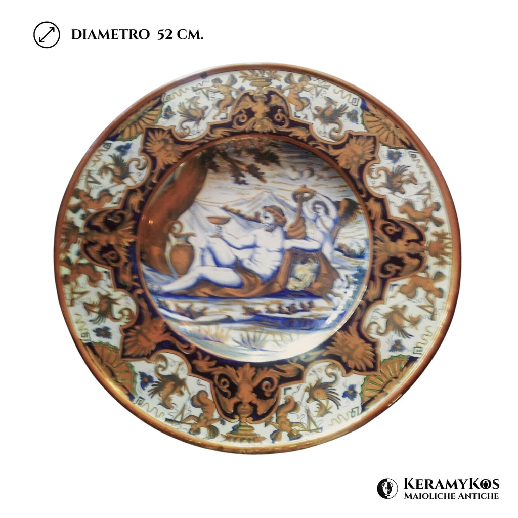 Grande piatto da parata in maiolica a lustro dalla manifattura Ceramica Robbia 52 cm